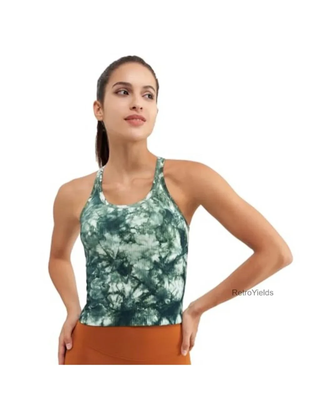 Seamless Ribbed Racerback Tank Top with Built-In Bra - Women's Athletic Crop